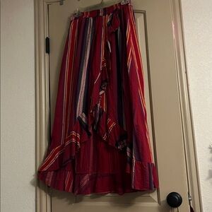 L&B Red Plaid Elastic Waist Skirt with Multicolor Stripe Detail